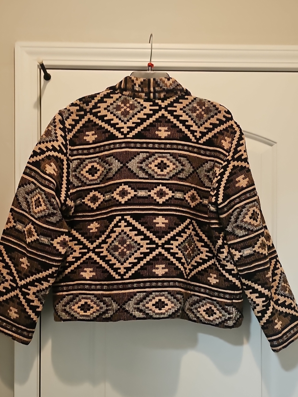 Chico's Geometric Crop Bomber Jacket in Black & Tan